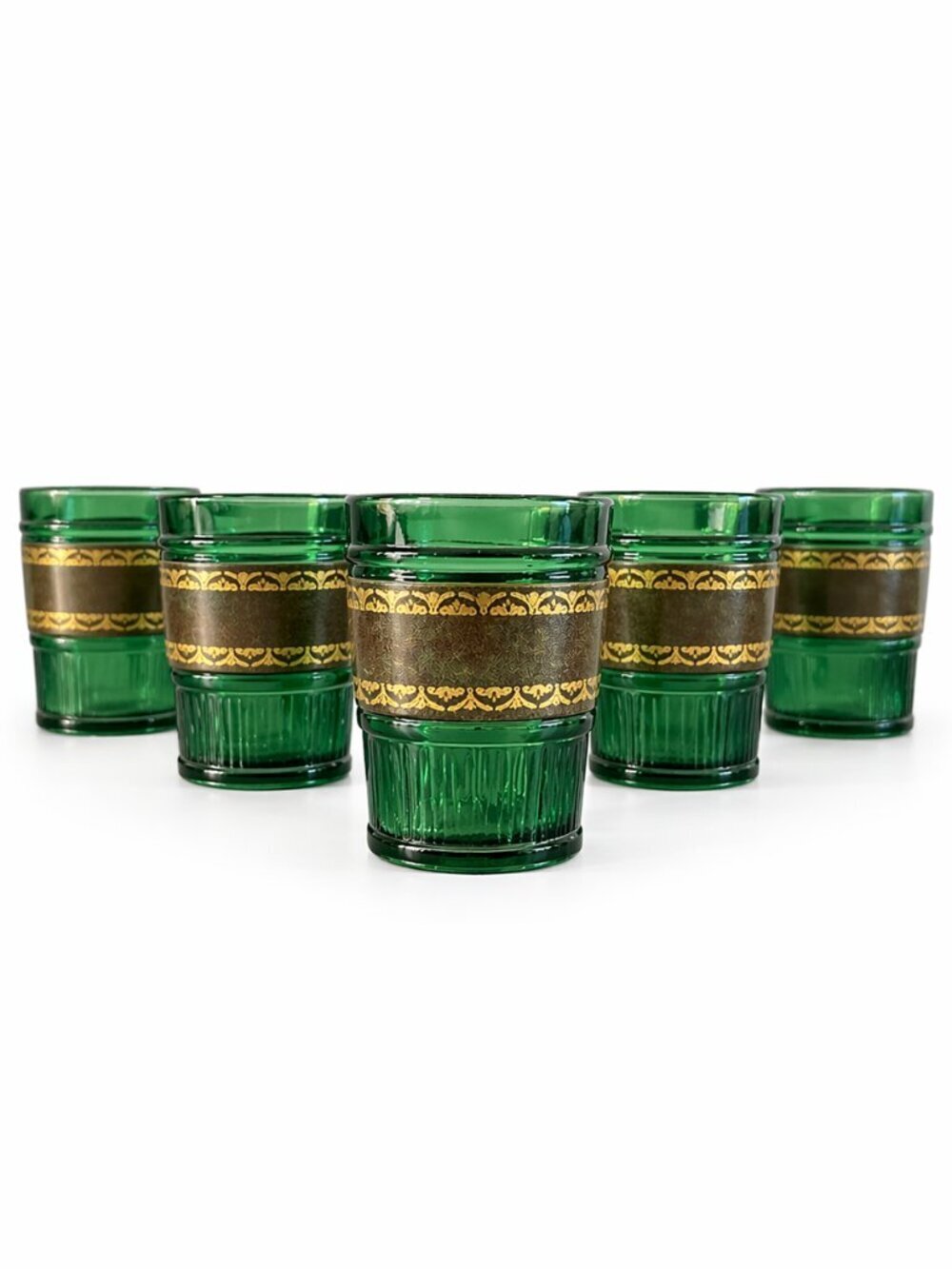 RARE! Vintage 60s MCM Emerald Green Leather Banded Tumbler Glasses Set of 6